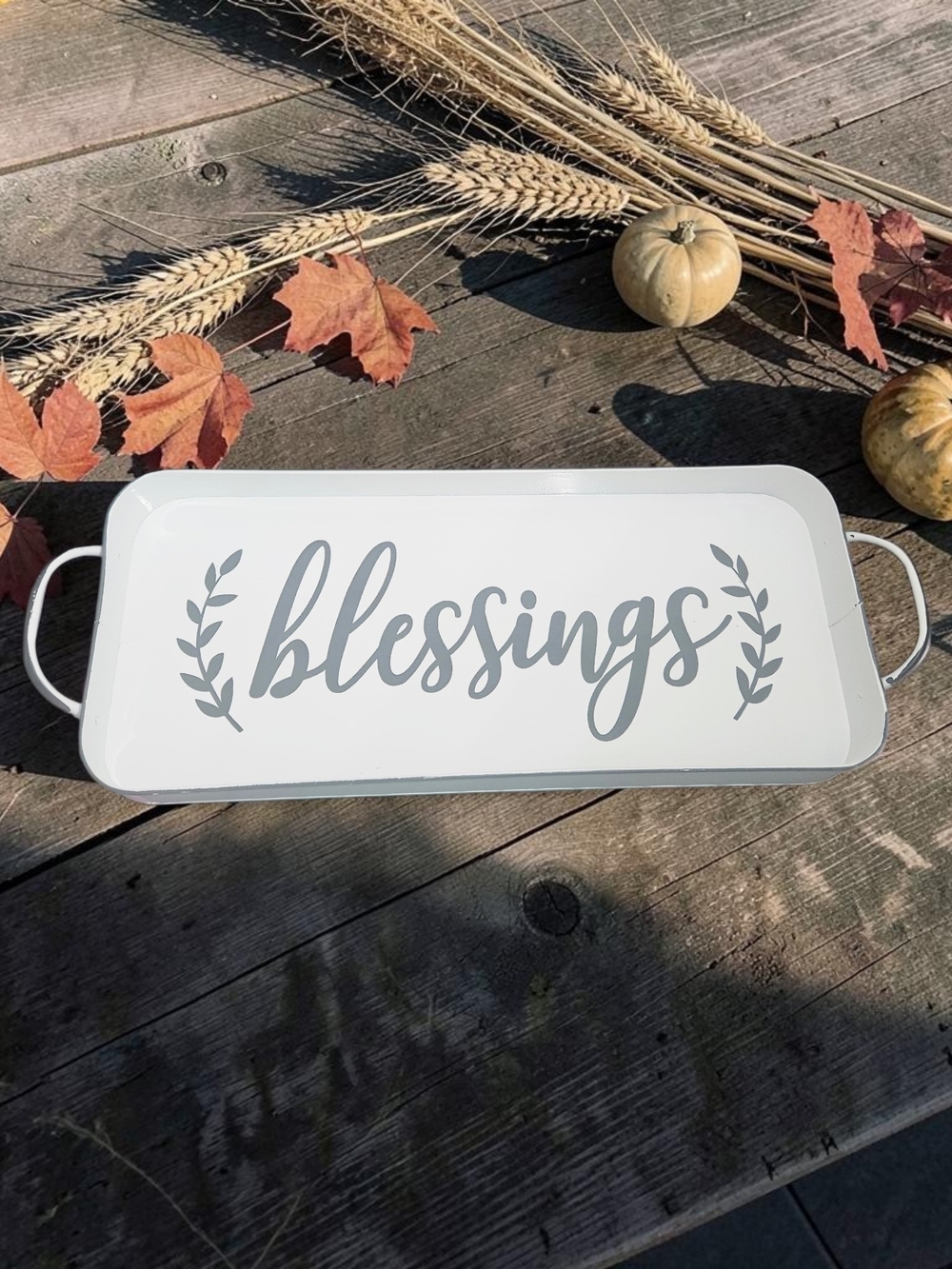 Farmhouse “Blessings” White Metal Tray Home Decor